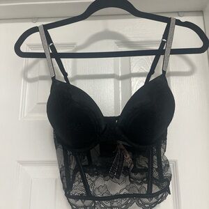 Victoria's Secret Black Lace Longline Bralette with Rhinestone Straps BRAND NEW